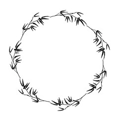 Round frame wreath of bamboo leaves. A black-and-white outline drawing of plant elements. Vector image.