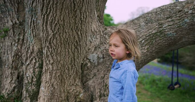 Little boy standing by a tree in a meadow