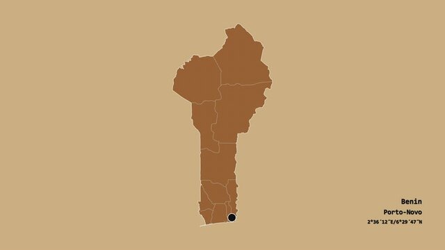 Borgou, department of Benin, with its capital, localized, outlined and zoomed with informative overlays on a solid patterned map in the Stereographic projection. Animation 3D