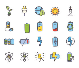 eco energy and power line and fill style icon set vector design