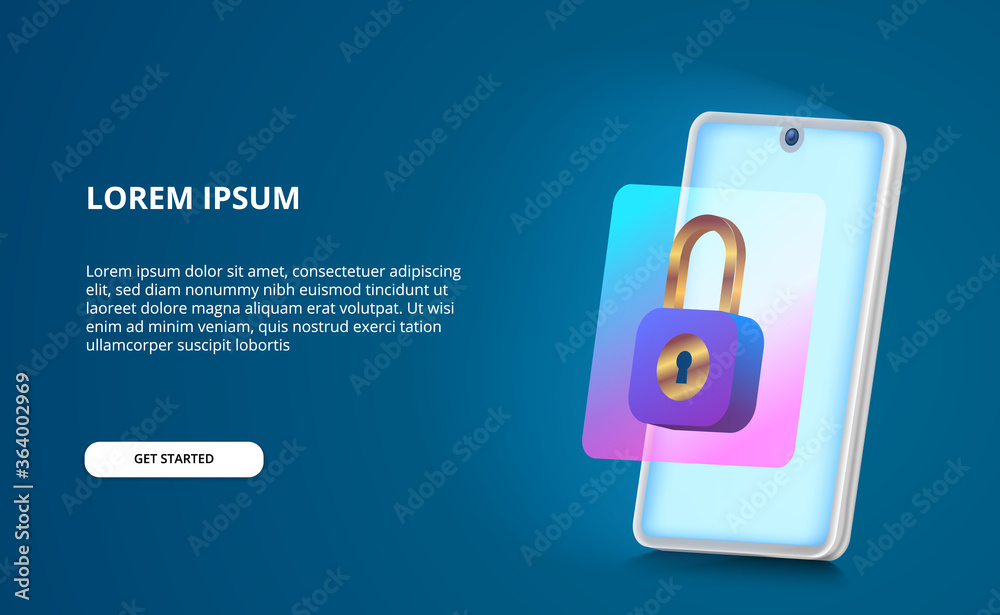Wall mural security for 3d handphone concept with padlock gradient modern illustration and glow screen with blu