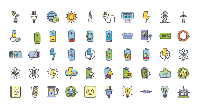 eco energy and power line and fill style icon set vector design