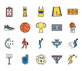 basketball line and fill style icon set vector design