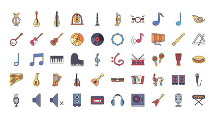 Music instruments line and fill style icon set vector design