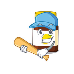 Attractive bottle vitamin c in caricature character playing baseball