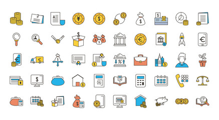 Money and business line and fill icon set vector design