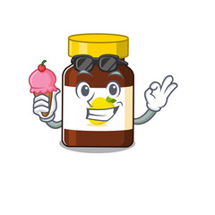 A cartoon drawing of bottle vitamin c holding cone ice cream