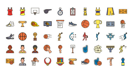 basketball line and fill style icon set vector design
