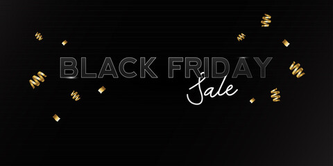 vector illustration of Black Friday Sale. Banner, poster, logo golden color on dark background with many gold ribbon 
