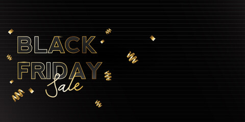 Printvector illustration of Black Friday Sale. Banner, poster, logo golden color on dark background with many gold ribbon 