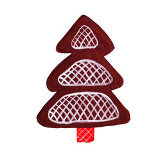 Autumn conifer tree, cartoon magic tree. Spruce, fir-tree, pine-tree, cedar. Christmas gingerbread form. Brown, red, ginger colors, white decoration. Hand drawn illustration.
