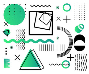 Universal trend halftone geometric shapes set juxtaposed with bright bold gradient elements composition. Design elements for Magazine, leaflet, billboard, sale, advertising and promotion