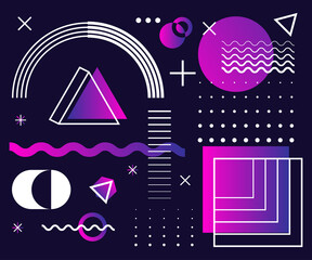 Universal trend halftone geometric shapes set juxtaposed with bright bold gradient elements composition. Design elements for Magazine, leaflet, billboard, sale, advertising and promotion