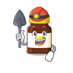 A cartoon picture of bottle vitamin c miner with tool and helmet