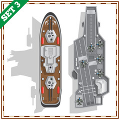 A set of warships. View from above. Isolated on white background. Vector illustration. © caryblade