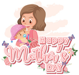 Template design for happy mother's day with mom and baby