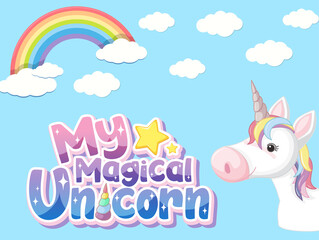 My magical unicorn logo in pastel color with cute unicorn and rainbow