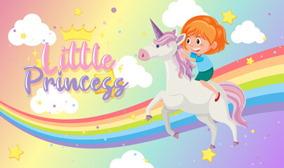 Little princess logo with girl riding on unicorn on blank rainbow pastel background