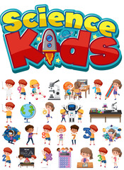 Fototapeta premium Science kids logo and set of children with education objects isolated