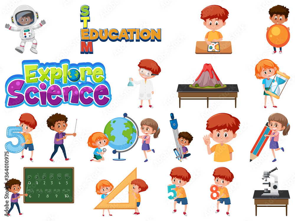 Sticker Set of children with education objects isolated