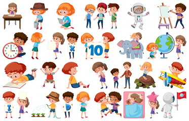 Large set of children doing different activities on white background