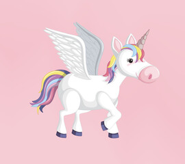 Unicorn or pegasus with rainbow mane and horn isolated on pink background