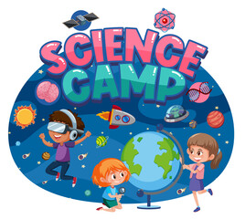Science camp logo with kids and space objects in space isolated