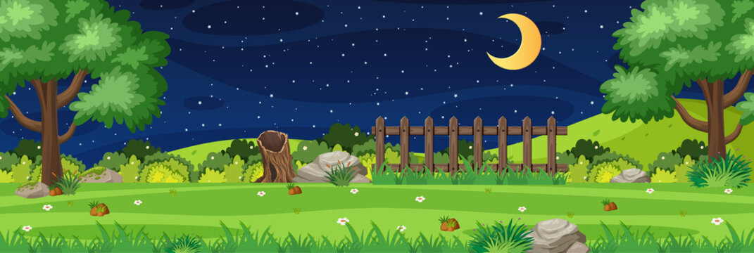 Horizon nature scene or landscape countryside with forest view and moon in the sky at night