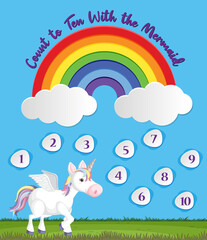 Count to ten for preschool in rainbow and unicorn theme background
