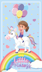 Little princess logo with girl riding on unicorn and rainbow in the sky on bright blue background