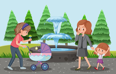 Parents take their children and baby stroller to the park cartoon style