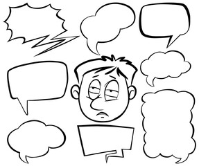 Doodle drawing of man and speech bubbles on white background
