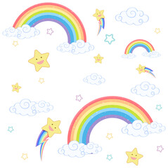 Seamless rainbow with smile star on white background