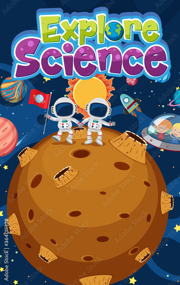 Poster Science camp logo with blank planets in the space background