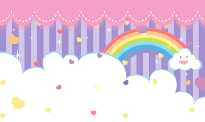 Fototapeta premium Blank cloud with cute rainbow on purple two tone stripes background