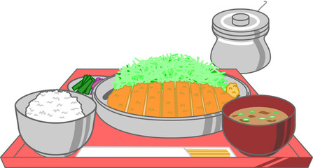 トレーにのった一口とんかつ一口ひれかつとエビフライの定食味噌汁と漬物セットのイラスト Wall Mural Mitiko