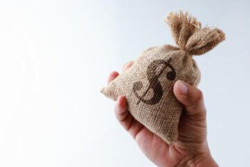 Hand human holding money in a sack bag with Symbol Dollar money isolated on white background. With...