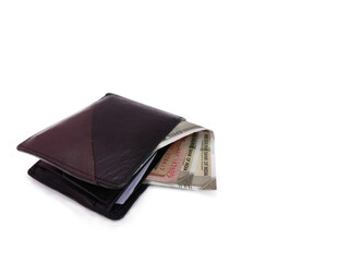 Brown Mens Wallet with money and cards inside Isolated on White background.