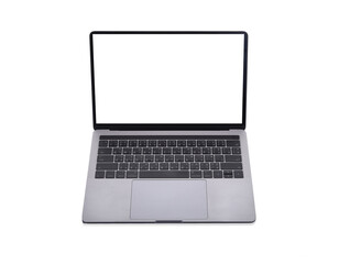 Laptop with blank screen isolated on white background, white aluminium body.