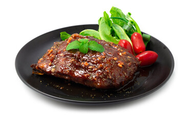 BBQ Pork Ribs with Sauce served Vegetable and  tomatoes European Food