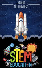 Stem education logo with explore the universe text and space objects