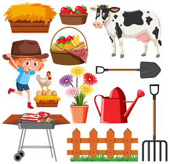 Set of gardening items on white background