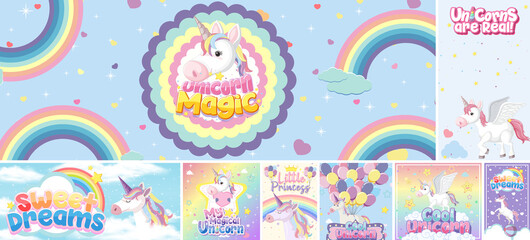 Cute unicorn banner on pastel background color