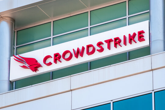 July 8, 2020 Sunnyvale / CA / USA - Close up of Crowdstrike logo at their headquarters in Silicon Valley; CrowdStrike Holdings, Inc. is a cyber-security technology company