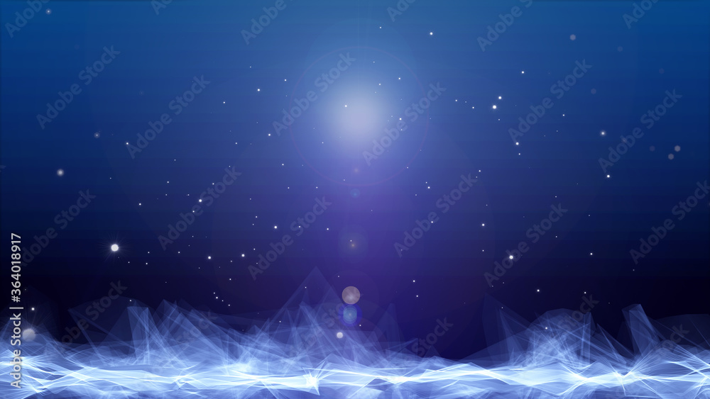 Poster planet low poly land science space fiction texture background. shiny glow stars falling to wondering