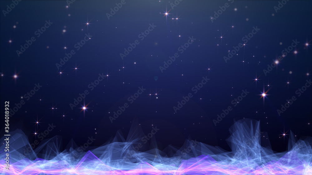 Poster planet low poly land science space fiction texture background. shiny glow stars falling to wondering
