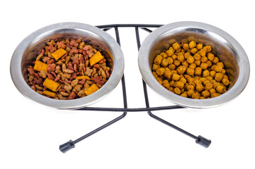 Granular pet food isolated on white background.