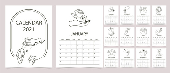 line hand calendar 2021 with rose,flower,crystal,sun in boho style