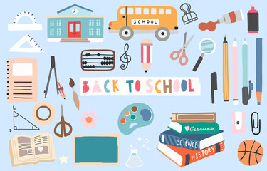 back to school object with pencil,bus,book,pen,ball,sharpener. illustration for logo,sticker,postcard,birthday invitation.Editable element
