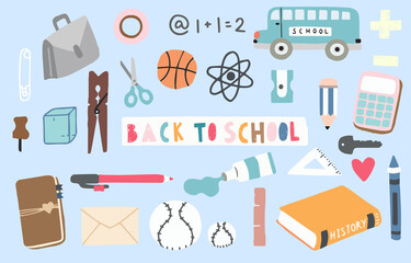 back to school object with pencil,bus,book,pen,ball,sharpener. illustration for logo,sticker,postcard,birthday invitation.Editable element